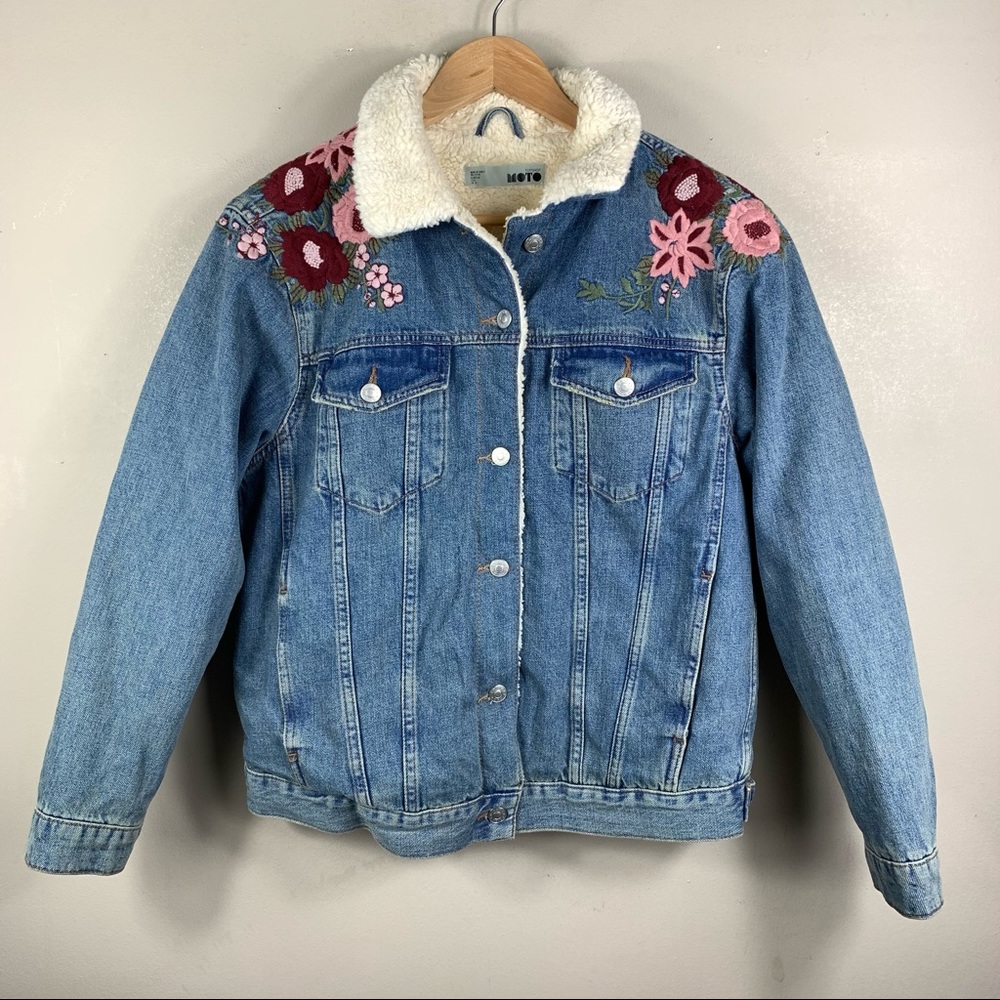 TopShop Embroidered Sherpa Denim Jacket